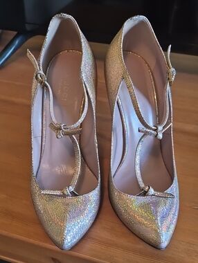 Gucci Iridescent Gold Pointed-Toe Mary Jane Heels